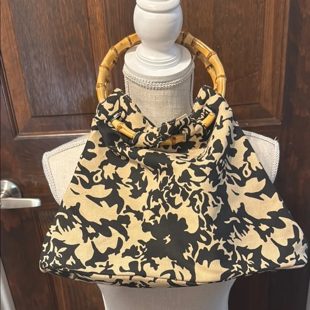 Avon Floral Black and Tan Tote with Bamboo Handles
